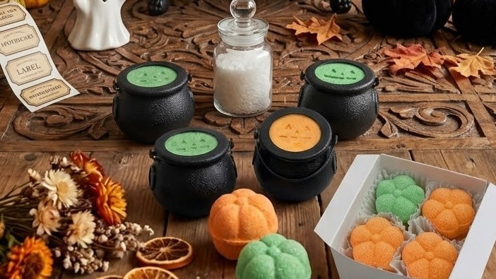 Halloween-themed bath bombs shaped like cauldrons and pumpkins displayed on a carved wooden table with autumn decorations, including a box of orange and green bath bombs, black cauldron-shaped containers, a jar of white bath salts, and a ghost figurine.