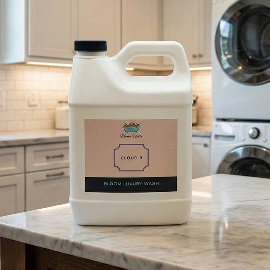 Large container of laundry detergent on a kitchen counter with a washer and dryer in the background.